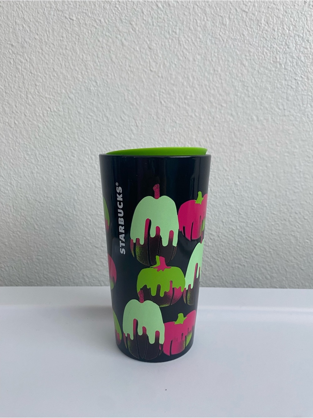 Starbucks Black Tumbler with Neon Green and Hot Pink Apple Drips